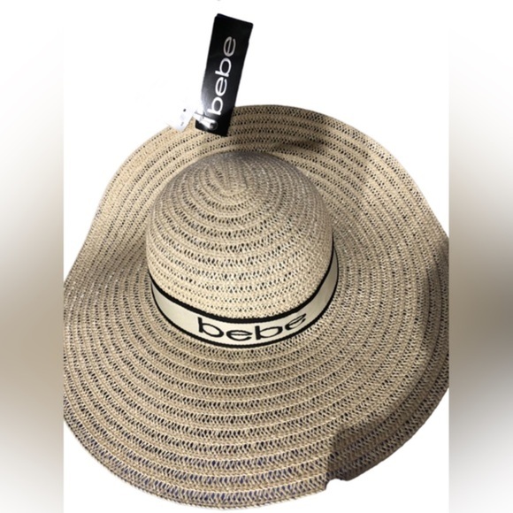 Bebe tan natural straw floppy summer Bebe tan monogram ribbon beach hat new - Picture 6 of 13
